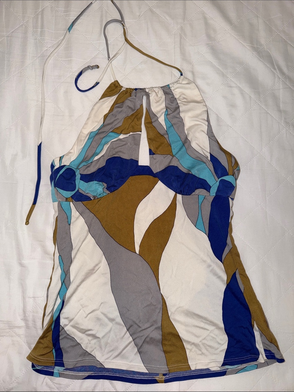 Trina Turk Silk Halter Top in Blue, Tan & White